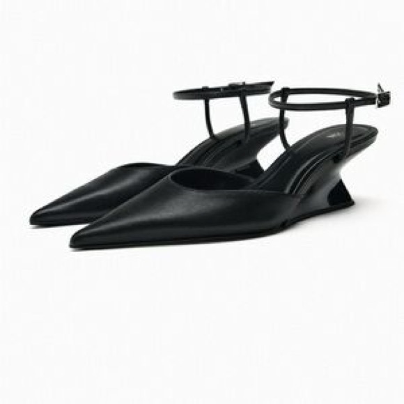 Zara Shoes - ZARA Leather Black Pointed Toe Slingback Low Sculptural wedge Heel